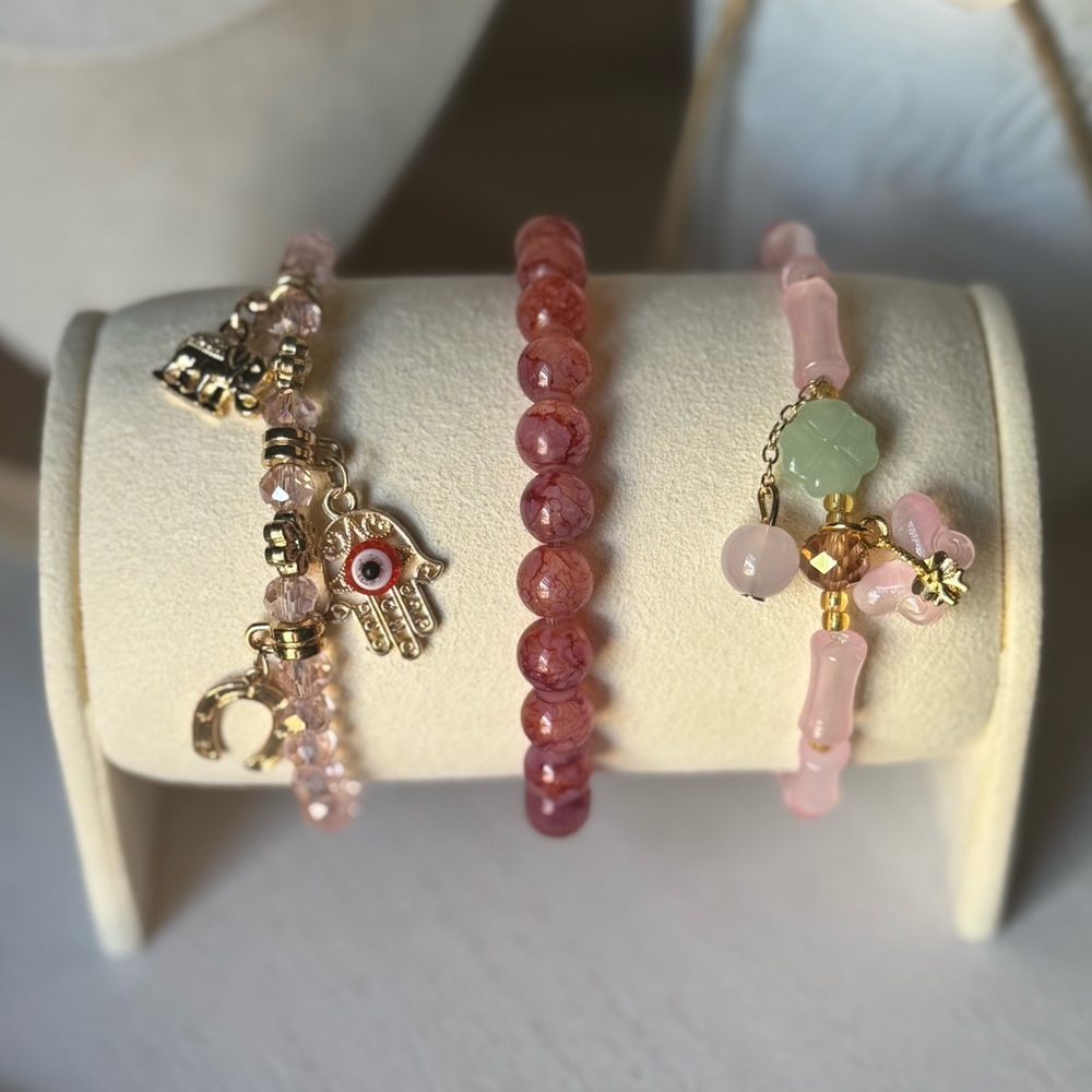 Pink Beaded Charm Bracelet Set